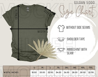 Könnte beinhalten: Eine Größentabelle für ein Unisex-T-Shirt aus schwerem Baumwollstoff, Gildan 5000. Die Tabelle zeigt die Maße in Zoll für Breite, Länge und Ärmellänge für die Größen S bis 5XL.