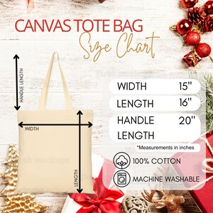 May include: A cream canvas tote bag with a size chart. The bag is 38 cm wide, 41 cm long, and has a 51 cm handle length. The text "CANVAS TOTE BAG" is visible. Made of 100% cotton and machine washable.