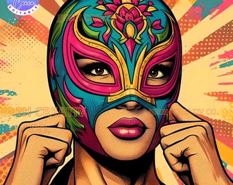 Può includere: Una maschera di luchador colorata con un design floreale. La maschera è blu, rosa, gialla e verde. La maschera è sul viso di una donna. Lo sfondo è un motivo radiale giallo, arancione e rosso.