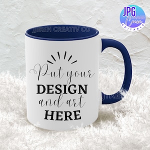 Accent Coffee Mug Mockup, 2 Tone Mug Blank Ceramic Cup Mockup, Navy and White Accent 11 Oz Mug Mockup, Navy Two Tone Mug Mockup, JPG Image