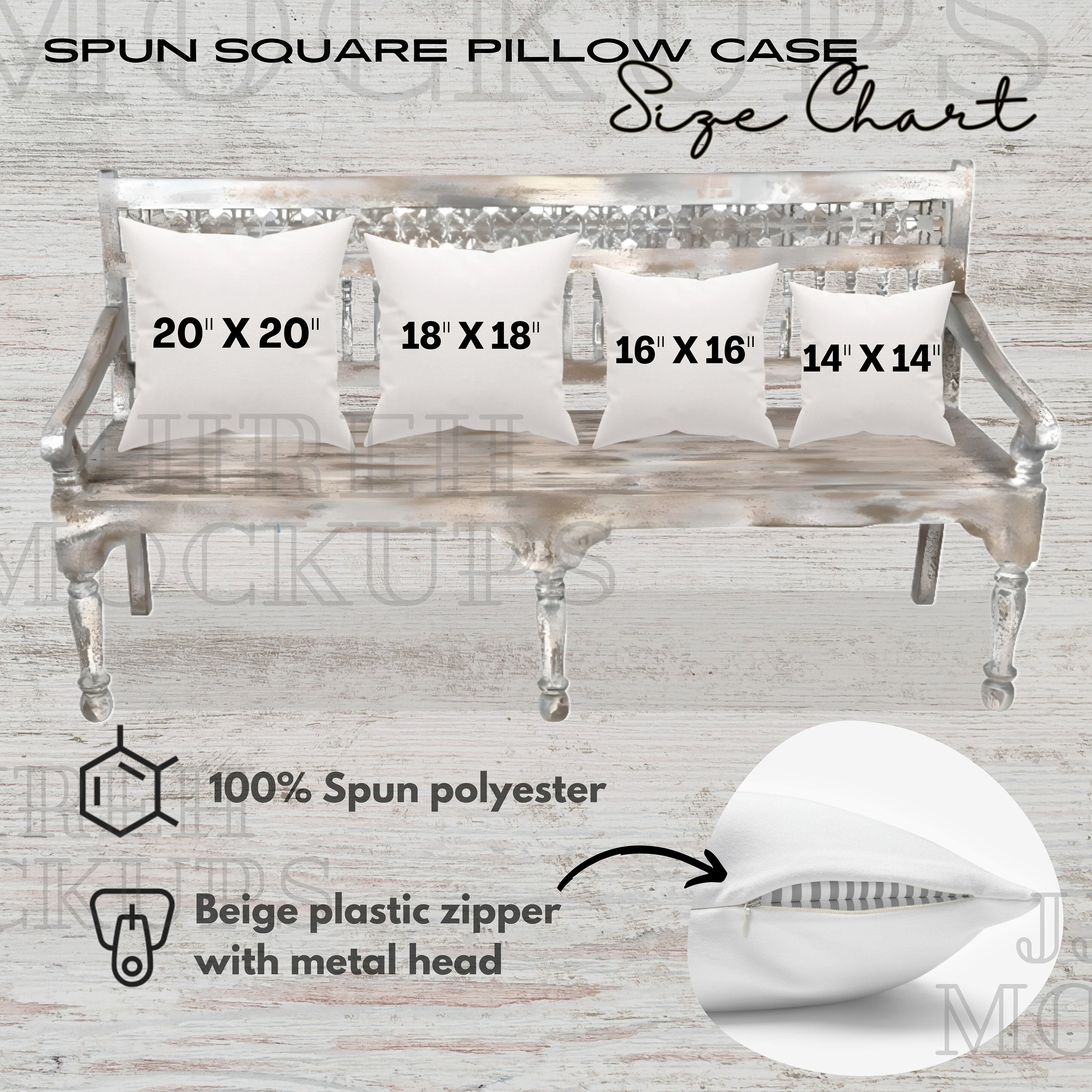 Pillow Size Chart, Square Pillow Case Size Chart, Spun Square Pillow