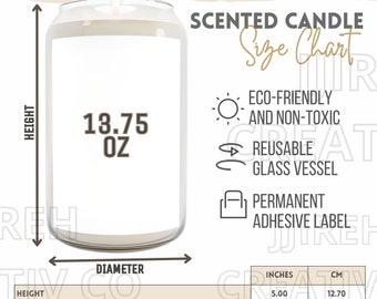 Scented Soy Candle Size Chart, Candle Sizing Guide, Printify Candle Size Chart, Candle Key Features, Scented Soy 13.75 Oz Candle Size Chart