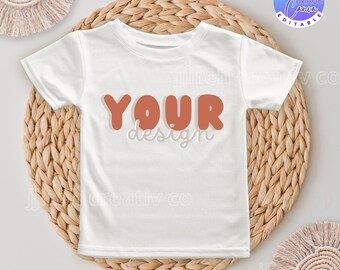 Maqueta de camiseta para niños, camiseta blanca Bella Canvas 3001T para niños pequeños, maqueta de camiseta bohemia, maqueta de camiseta para niños, maqueta de camiseta minimalista para niños
