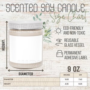 Scented Soy Candle Size Chart, Sizing Guide for Candle, Printify Candle Size Chart, Candle Key Features, Scented Soy 9oz Candle Size Chart
