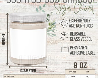 Scented Soy Candle Size Chart, Sizing Guide for Candle, Printify Candle Size Chart, Candle Key Features, Scented Soy 9oz Candle Size Chart
