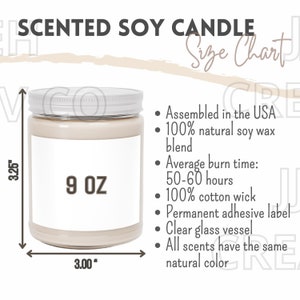 Tabela de tamanhos de velas de soja perfumadas, guia de tamanhos para velas, tabela de tamanhos de velas para impressão, principais recursos da vela, tabela de tamanhos de velas de soja perfumada de 9 onças