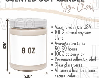 Scented Soy Candle Size Chart, Sizing Guide for Candle, Printify Candle Size Chart, Candle Key Features, Scented Soy 9oz Candle Size Chart
