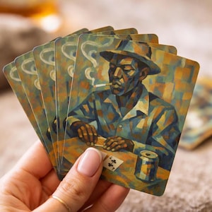 Pode incluir: Um baralho de cartas com uma ilustração artística de um homem fumando um cigarro. As cartas têm uma estética vintage com uma paleta de cores de azuis, marrons e amarelos. As cartas mostram um homem usando um chapéu e uma camisa xadrez.