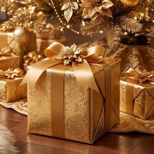 Könnte beinhalten: Ein quadratisches Geschenkpaket in metallisch goldenem Papier mit geprägtem Blumenmuster, gebunden mit einem breiten Satinband und verziert mit einer goldenen Weihnachtsstern-Blüte, umgeben von weiteren goldenen Geschenken.