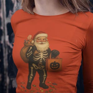 Trick Or Treat Santa, Scary Santa Top, Santa Skeleton Outfit, Holiday Mashup Shirt, Santa Halloween Long Sleeve Shirt, Creepy Santa Shirt