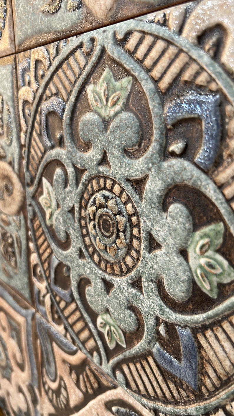 Large Wood Ottoman Serving Tray Ceramic Tile Rustic Elegant Centerpiece