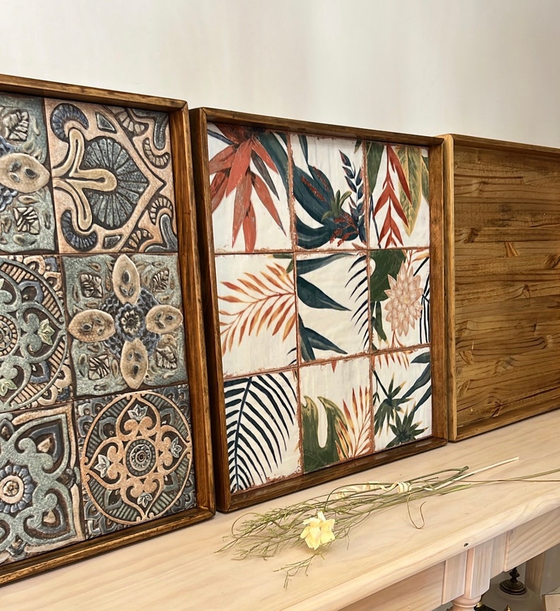 Large Wood Ottoman Serving Tray Ceramic Tile Rustic Elegant Centerpiece