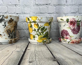 Handcrafted Terracotta pots with floral inspired decoupage design