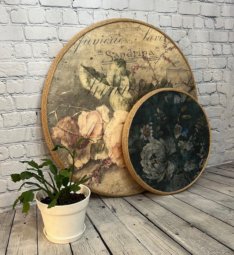 Round Wood Ottoman Serving Tray Wrapped in Jute Rope, French Country