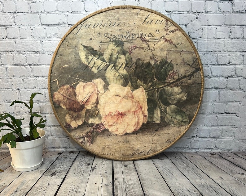 Round Wood Ottoman Serving Tray Wrapped in Jute Rope, French Country