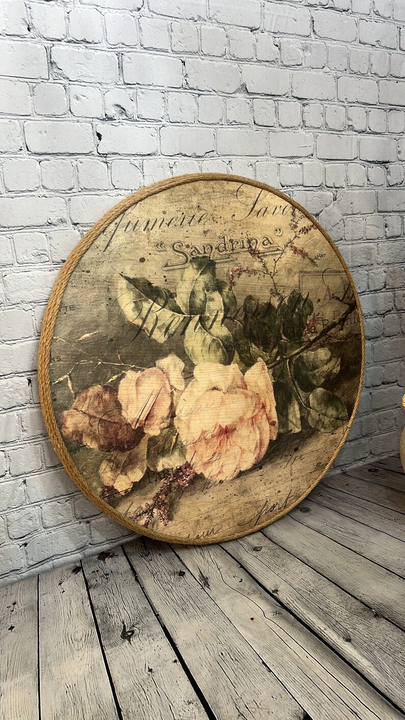 Round Wood Ottoman Serving Tray Wrapped in Jute Rope, French Country