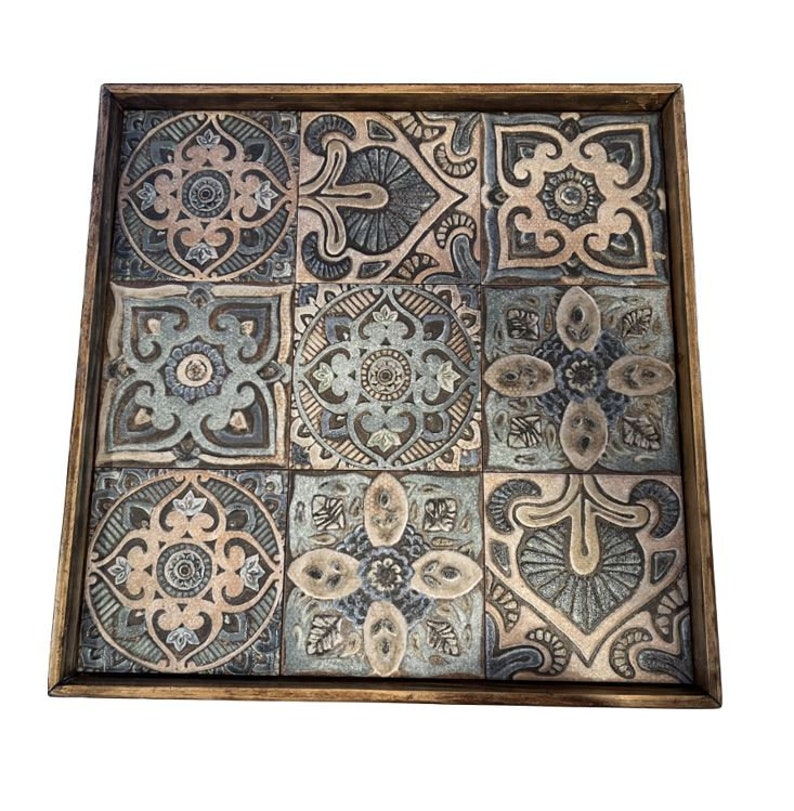 Large Wood Ottoman Serving Tray Ceramic Tile Rustic Elegant Centerpiece