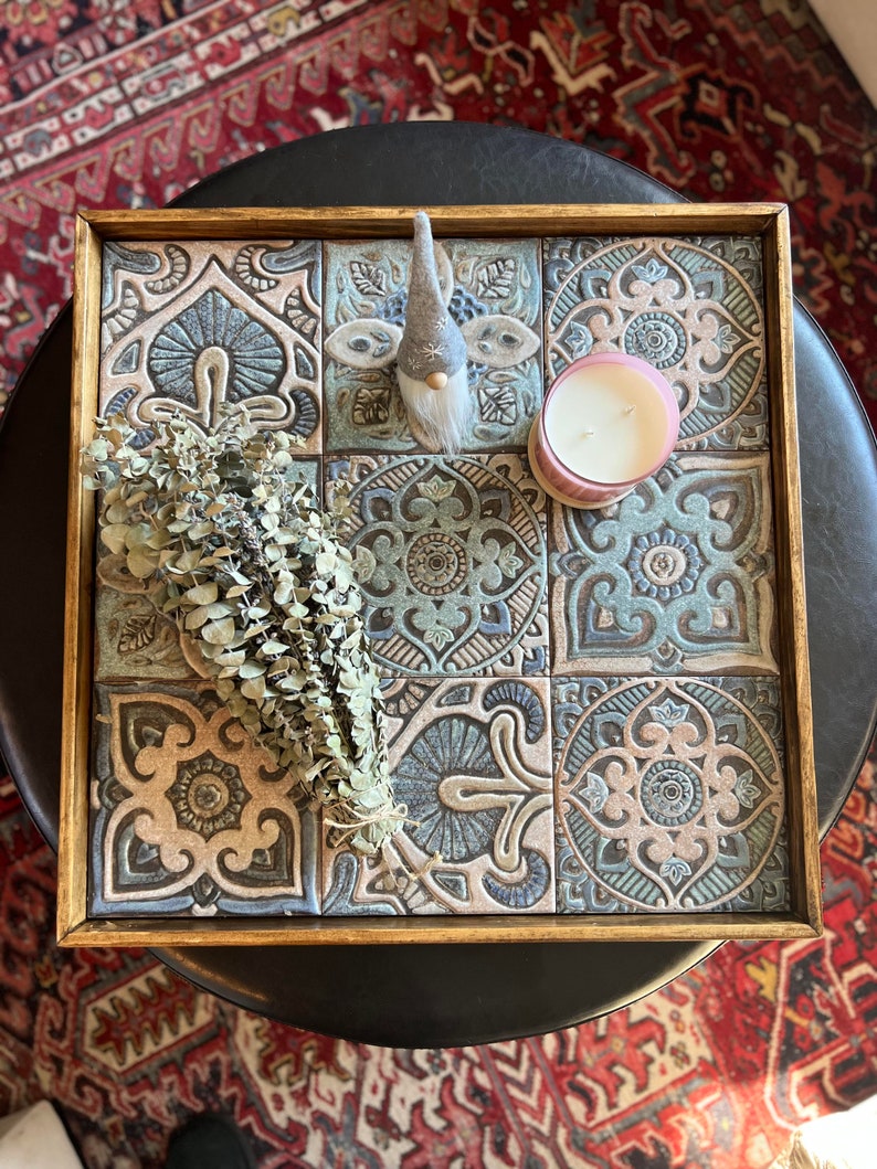 Large Wood Ottoman Serving Tray Ceramic Tile Rustic Elegant Centerpiece