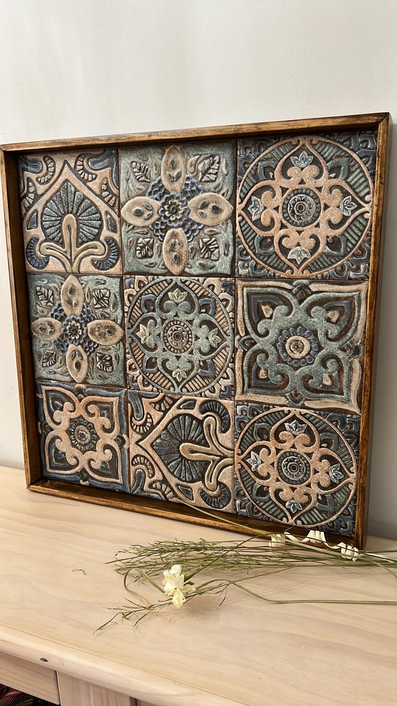 Large Wood Ottoman Serving Tray Ceramic Tile Rustic Elegant Centerpiece