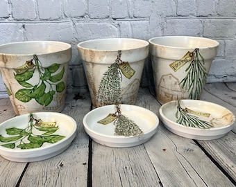 Handcrafted Terracotta pots with Herb inspired decoupage design