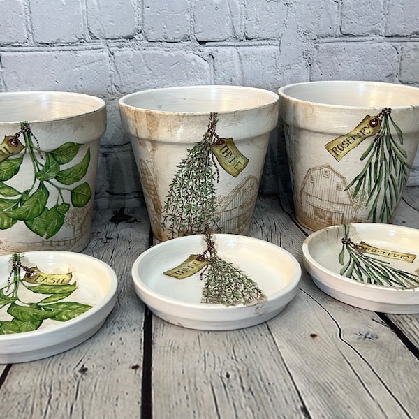 Handcrafted Terracotta pots with Herb inspired decoupage design