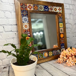 Mosaic Wall Art Mirror, Mosaic and Wood Mirror, Mexican ceramic tile, living room decor, decorative mirror, rustic decor, housewarming gift