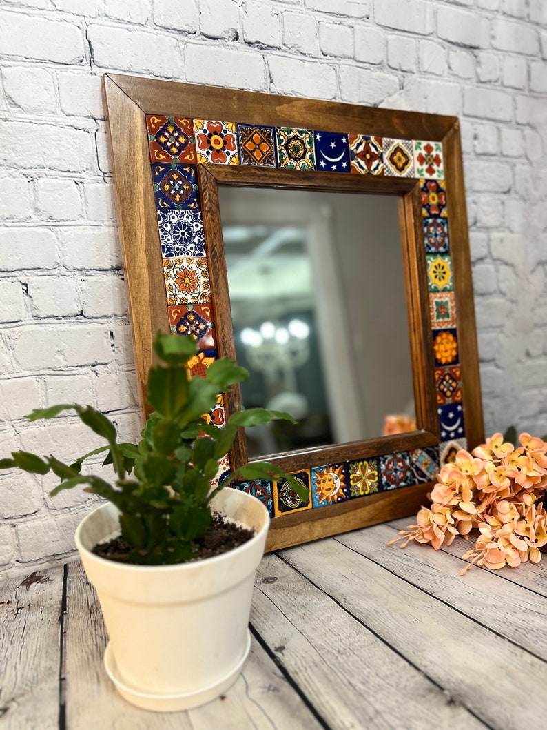 Mosaic Wall Art Mirror, Mosaic and Wood Mirror, Mexican ceramic tile, living room decor, decorative mirror, rustic decor, housewarming gift