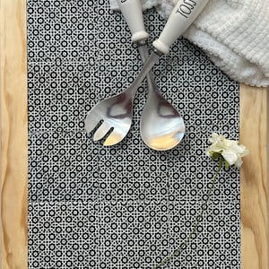 Handcrafted Wood Trivet with Black and White Ceramic Tile Pot Holder Serving Tray home decor kitchen dining room accents charcuterie  board