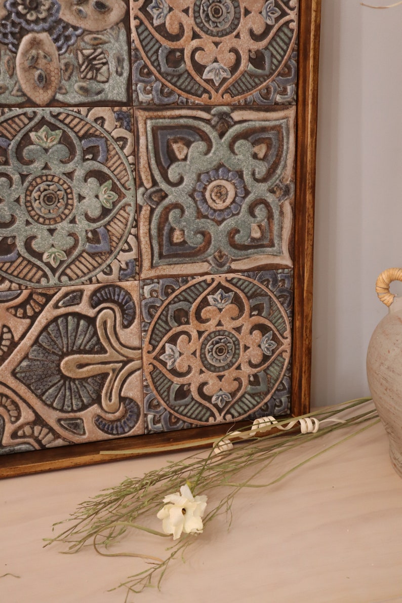 Large Wood Ottoman Serving Tray Ceramic Tile Rustic Elegant Centerpiece