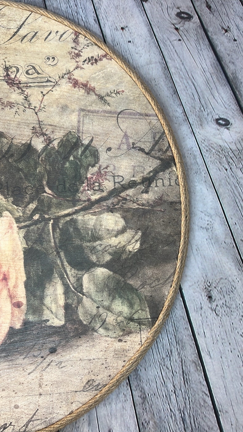 Round Wood Ottoman Serving Tray Wrapped in Jute Rope, French Country