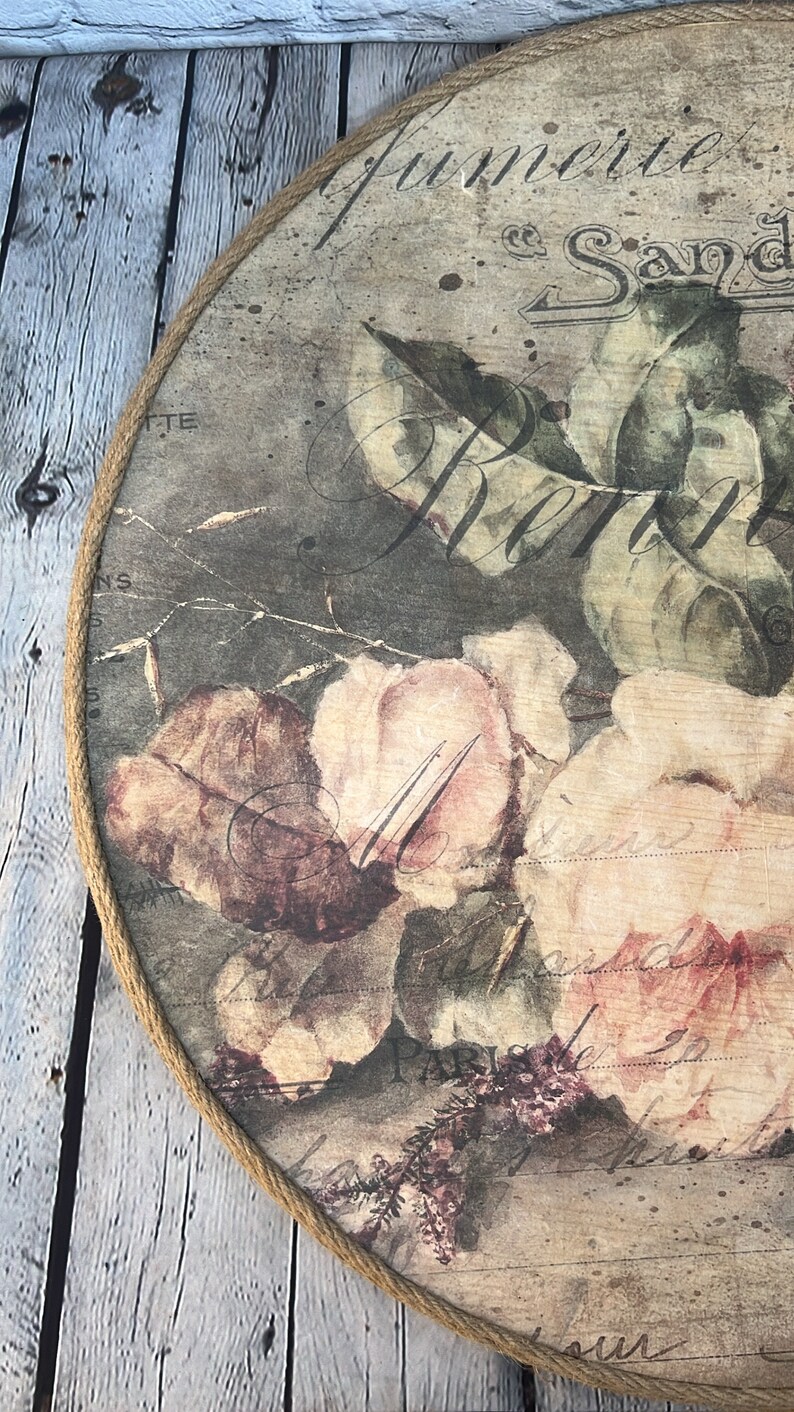 Round Wood Ottoman Serving Tray Wrapped in Jute Rope, French Country