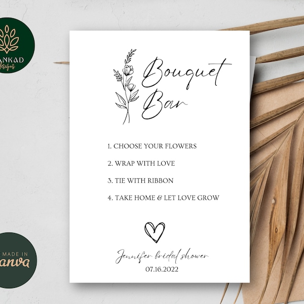 Modern Minimalist Bouquet Bar Sign Template, Editable Flower Bouquet Bar Sign, Modern Baby Shower Bridal Shower Wedding Flower Bar Sign