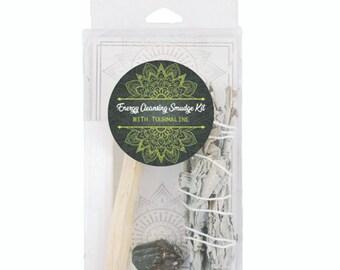 Tourmaline Energy Cleansing Smudging Kit with White Sage Palo Santo Selenite Stick