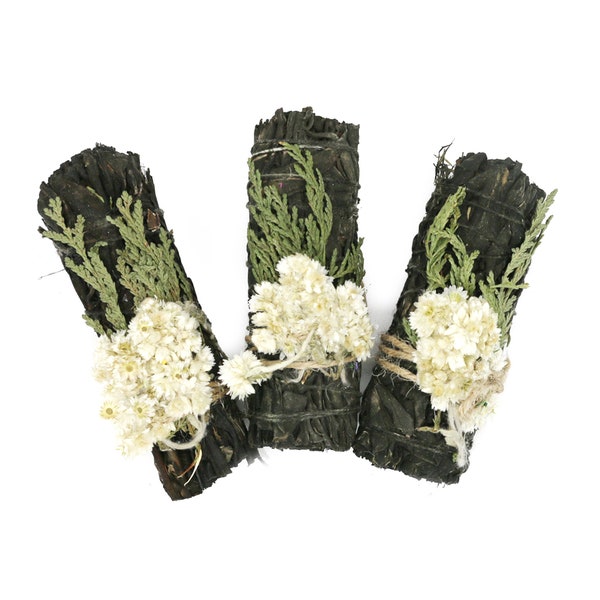 3 Pack Black Midnight Bloom Floral 4 inch White Sage Smudge Sticks Bundles Fresh & Handtied