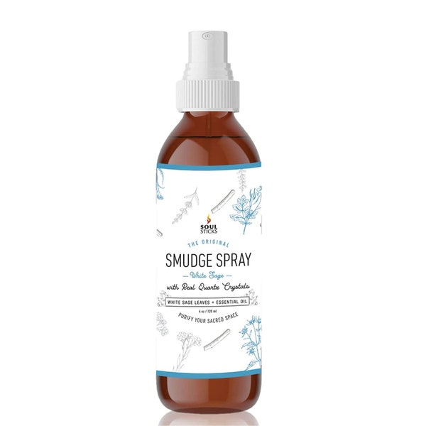 White Sage Smudge Spray for Smokeless Cleansing and Blessings 4 ounce Bottle with Crystals and Herbs