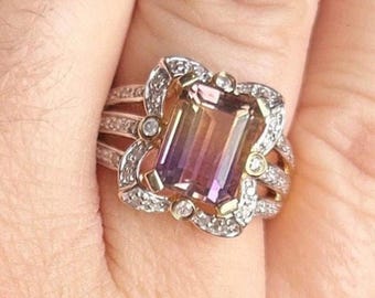 14k Vintage Solid Yellow Gold Ametrine ring with diamond halo  - size 7