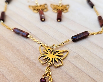 Brecciated Jasper Butterfly Necklace and Earring Set, Gold Dangles