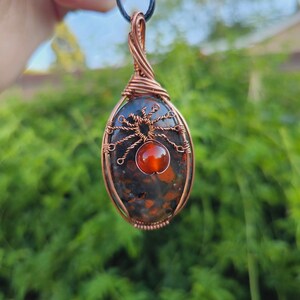 Red Poppy Jasper Spider Pendant, Copper Spider Necklace, Gemstone Spider Wire Wrapped Pendant, Spooky Necklace, Halloween Pendant