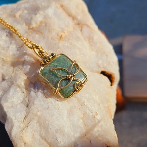 Moss Agate Pendant, Gold Moss Agate Necklace, Plant Pendant, Green and Gold Leaf Pendant