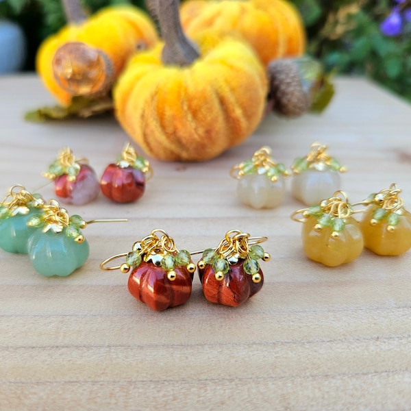 Gemstone Pumpkin Earrings, Mini Pumpkin Agate Peridot Earrings, Fall Earrings, Autumn Earrings