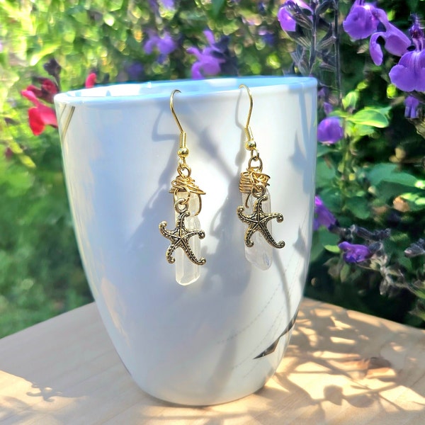 Raw Quartz Starfish Dangle Earrings, Beachy Ocean Earrings, Gold Starfish Earrings, Clear Quartz Earrings