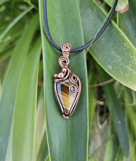Handmade Golden Tiger's Eye Teardrop Pendant, Oxidized Copper Wire Wrapped Necklace
