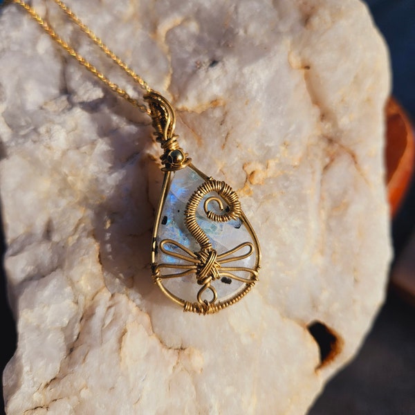 Moonstone Dragonfly Pendant Necklace, Gold Brass Dragonfly Necklace, Gemstone Pendant