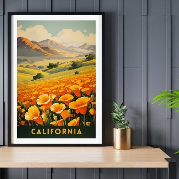 California Poppies Retro-Style Travel Poster - California Poppy | California Poppy Art | California Poppy Print | Poppy Artists | Poppy Art