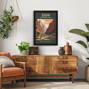 Framed Zion Print - Vintage Style National Park Poster, Retro Utah Travel Poster, Southwest Landscape, Adventure Art, Nature Lover Artwork