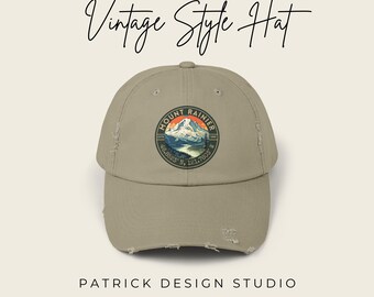 Mount Rainier National Park Distressed Baseball Hat - 100% Cotton Twill, Washington Adjustable Low Profile Hat, Vintage Style Hiking Cap