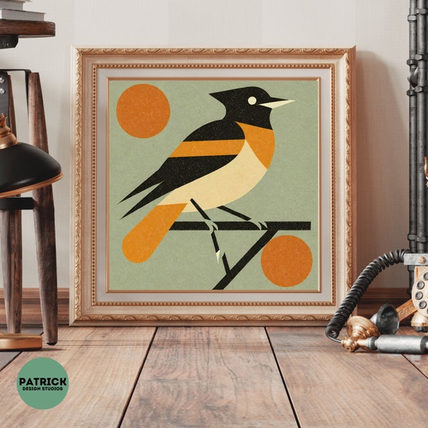 Baltimore Oriole Matte Print - Maryland State Bird, Mid-Century Modern Baltimore Oriole Poster, Retro Bird Wall Art, Midcentury Bird Art