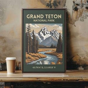 Grand Teton National Park gerahmte Leinwanddruck - Retro Berg Wandkunst, Wyoming Wilderness Decor, Mid Century Poster für Wanderer und Reisende