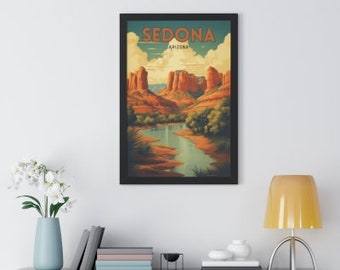 Sedona Arizona Retro-Style Travel Framed Gallery Wrapped Canvas - Walnut or Black Frame | Sedona Gift | Sedona Art | Sedona Souvenir