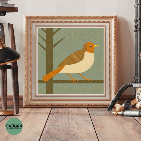 Hermit Thrush Matte Print - Vermont State Bird, Hermit Thrush Artwork, Mid-Century Modern Avian Poster, Retro Bird Wall Art, Midcentury Bird